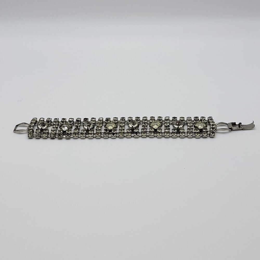 Vintage Crystal Tennis Bracelet Silver-Tone Fold Clasp Wide Statement 7 Inch - Picture 7 of 14
